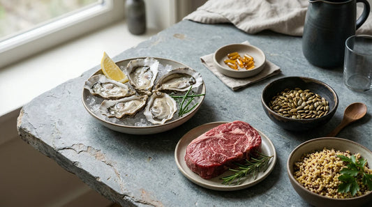Composition d'aliments riches en zinc et de gélules sur une surface en pierre