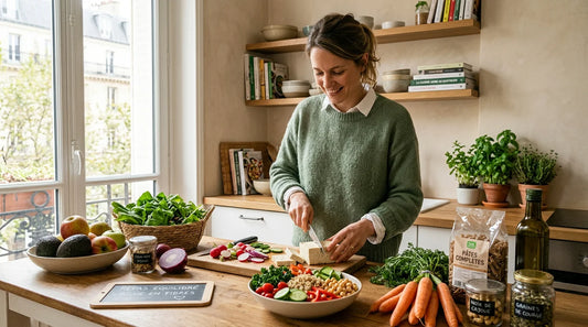 Personne préparant un repas équilibré riche en fibres dans une cuisine lumineuse