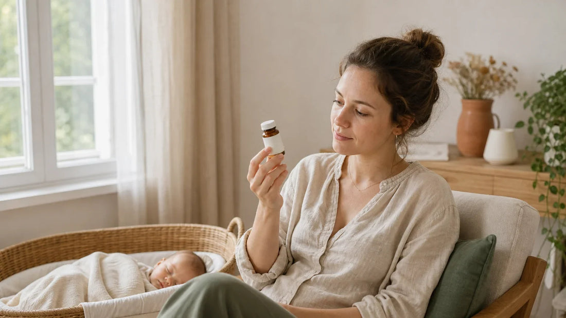 Jeune mère européenne en post-partum consultant une étiquette de complément alimentaire dans une chambre lumineuse