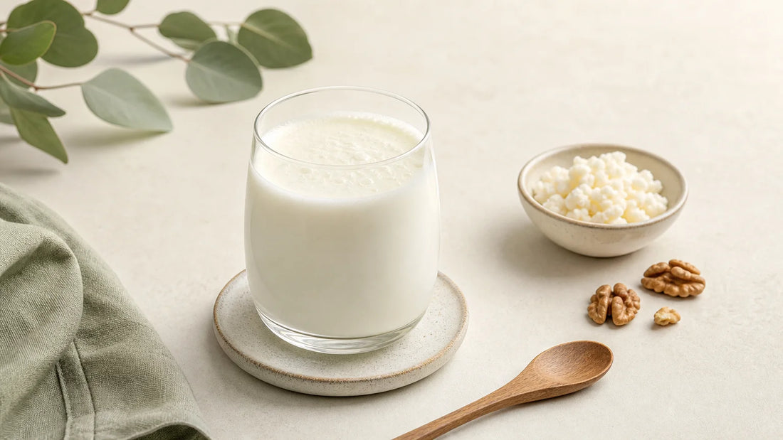 Verre de kéfir de lait accompagné de noix et de grains de fermentation