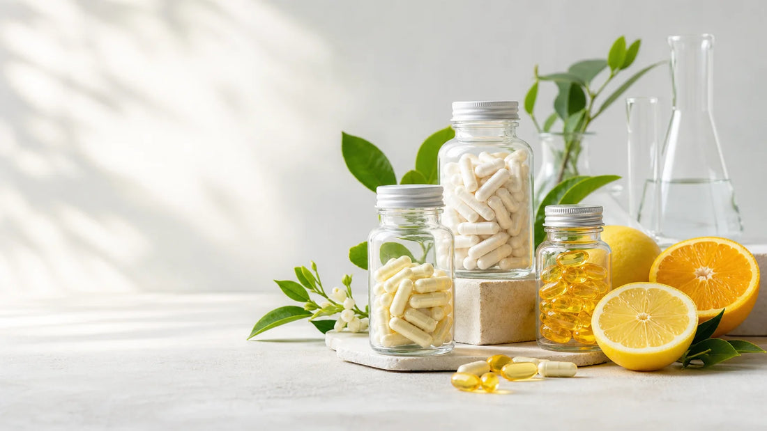 Compléments de vitamine C et agrumes dans une scène éditoriale française