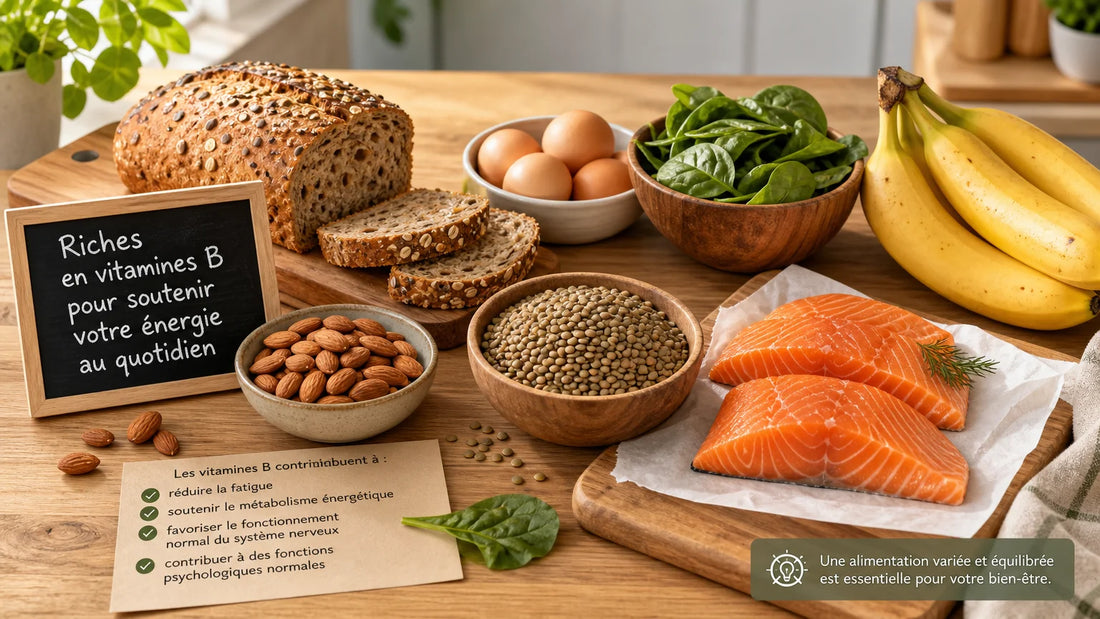 Assortiment d'aliments riches en vitamines B sur un plan de travail