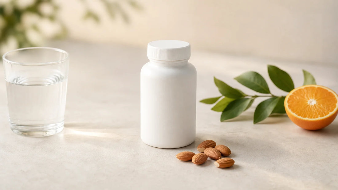 Flacon générique de complément alimentaire entouré d’aliments naturels