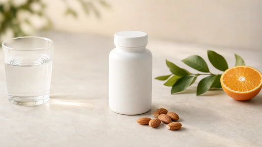 Flacon générique de complément alimentaire entouré d’aliments naturels