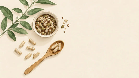 Capsules génériques et ingrédients naturels pour illustrer le choix d’un complément pour la peau