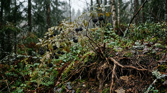 Arbuste de ginseng sibérien avec ses baies noires dans un paysage de taïga