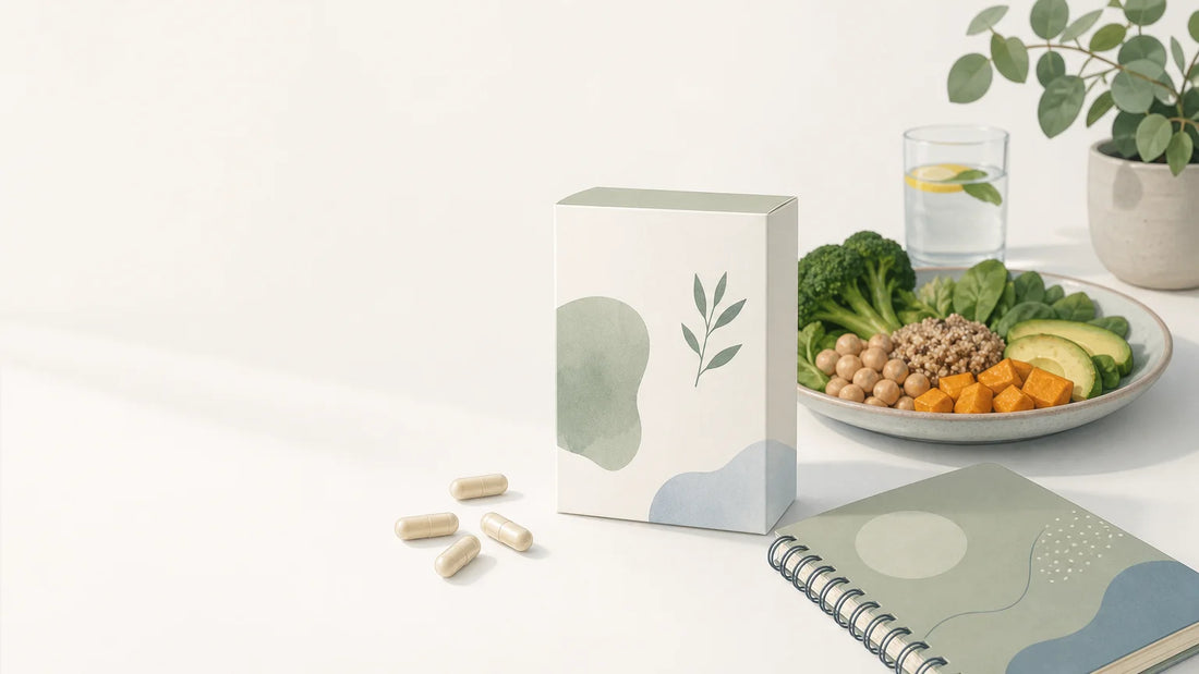 Complément alimentaire placé à côté d’une alimentation équilibrée