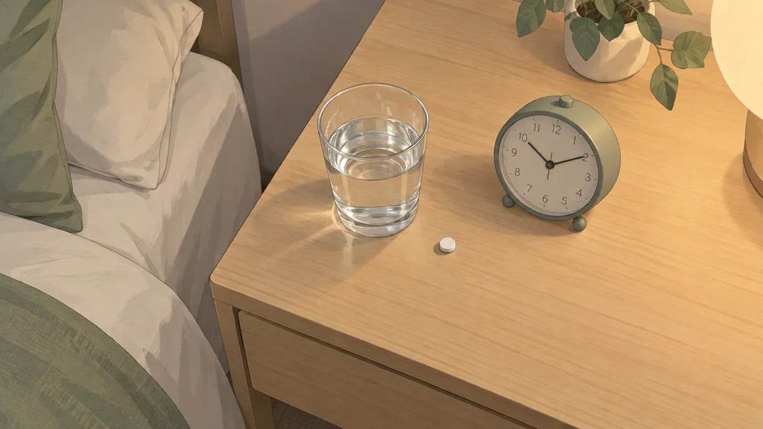 Un verre d’eau et un comprimé sur une table de chevet