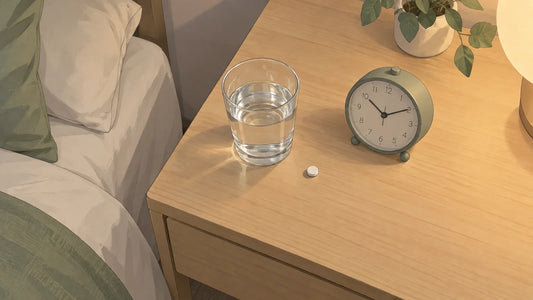 Un verre d’eau et un comprimé sur une table de chevet