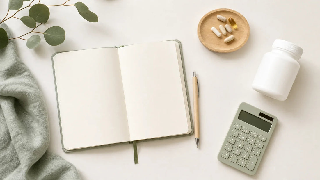 Carnet, calculatrice et flacon neutre pour évoquer le budget des compléments