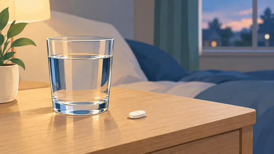 Un comprimé neutre et un verre d’eau sur une table de chevet