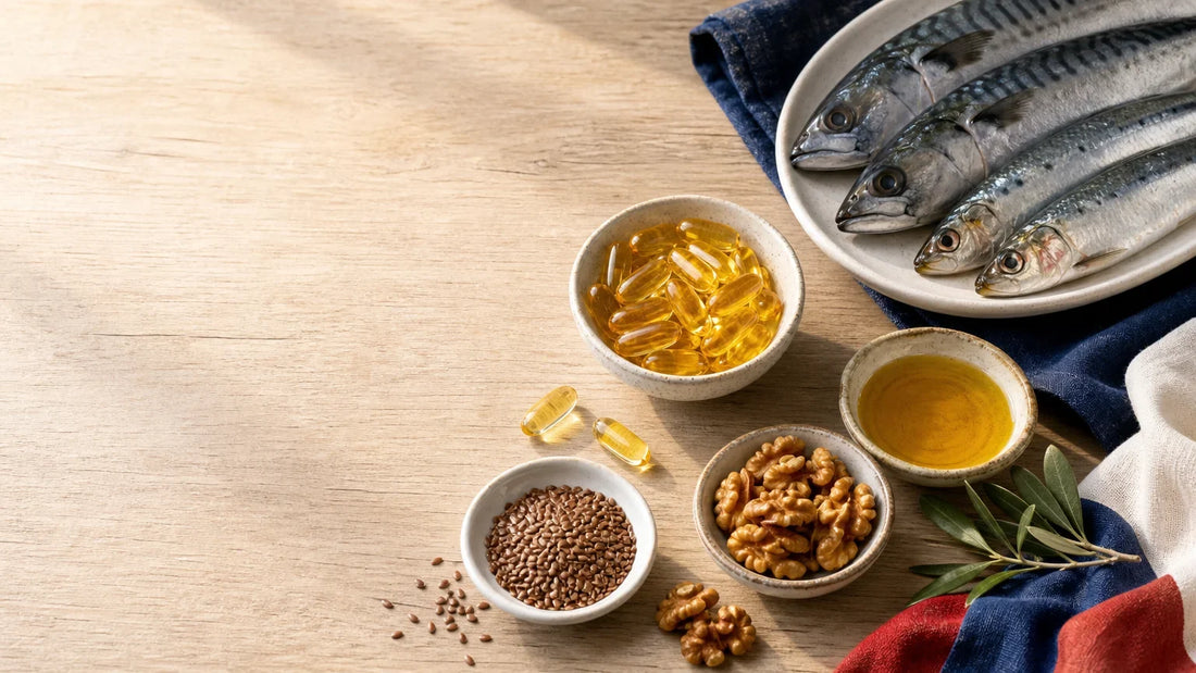 Sélection de capsules d’oméga-3 et de poissons gras sur une table naturelle