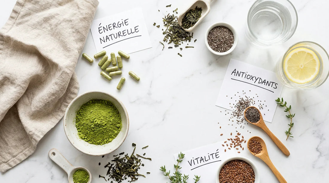 Assortiment de compléments alimentaires naturels et plantes minceur disposés sur un fond en marbre blanc