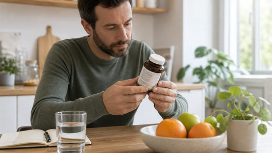 Personne lisant l’étiquette d’un complément alimentaire pour vérifier sa composition