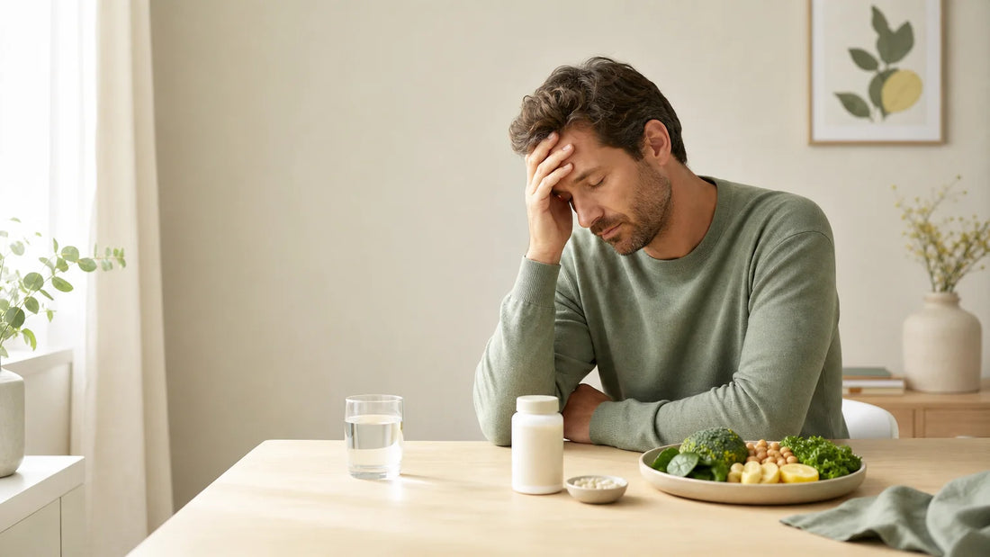 Adulte fatigué réfléchissant au choix d’un complément alimentaire