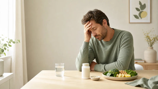 Adulte fatigué réfléchissant au choix d’un complément alimentaire