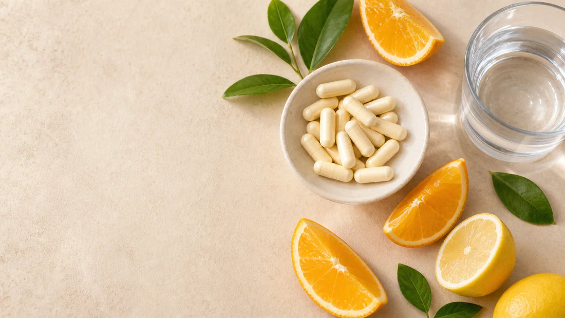 Vitamine C avec bioflavonoïdes, gélules et agrumes dans une composition éditoriale naturelle