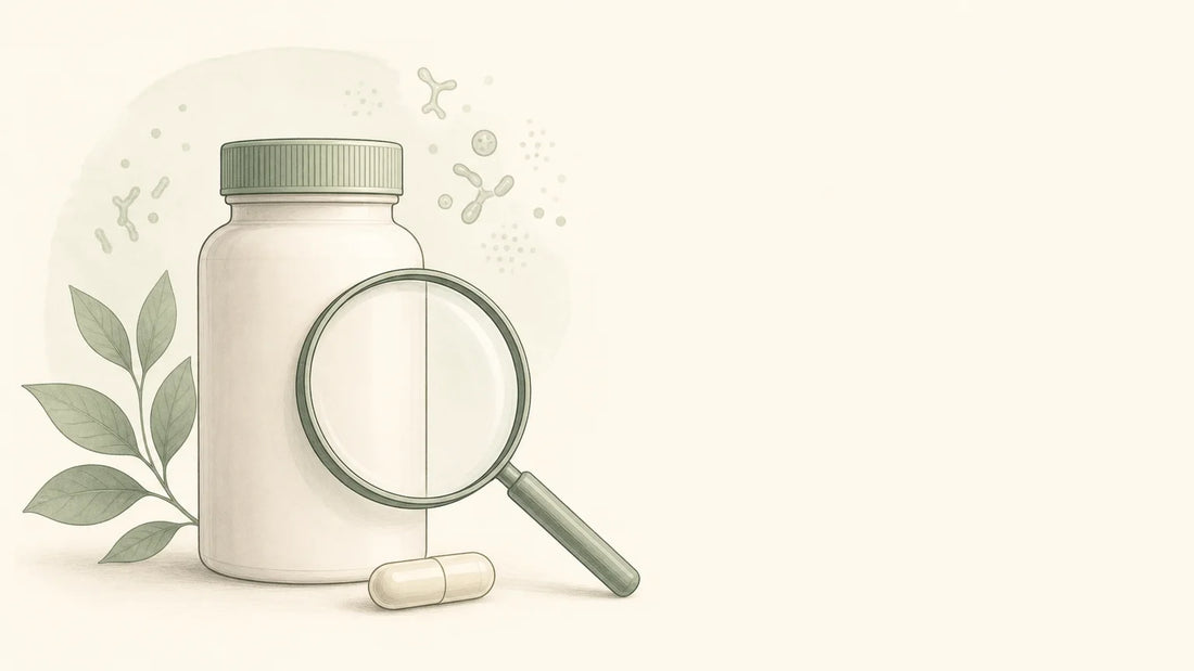 Flacon générique et loupe évoquant le choix d’un probiotique de qualité
