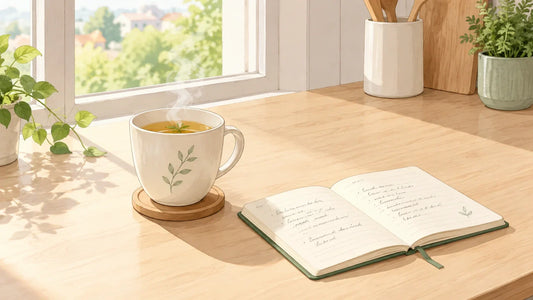Une tisane et un carnet dans une cuisine lumineuse, évoquant une routine digestive attentive