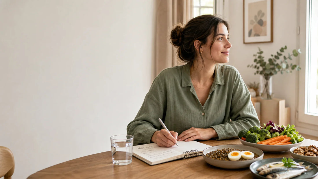 Jeune mère entourée d’éléments évoquant une récupération nutritionnelle après l’accouchement