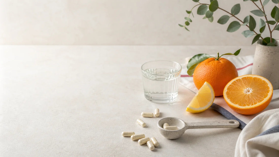 Nature morte éditoriale représentant une routine de vitamine C avec agrumes et gélules