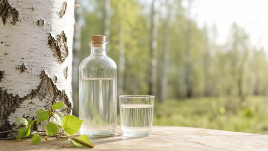 Bouteille de sève de bouleau fraîche près d’un tronc de bouleau
