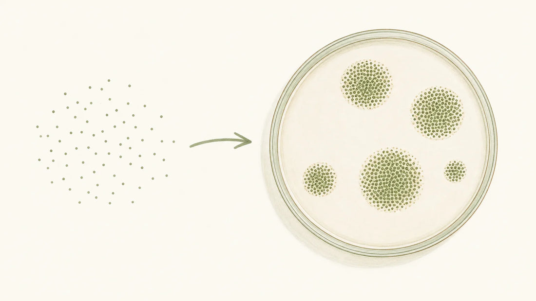Illustration conceptuelle de micro-organismes formant des colonies distinctes