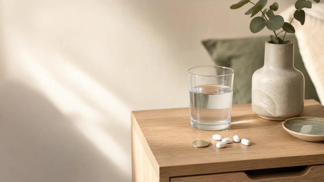 Mise en scène sobre de comprimés et d’un verre d’eau pour illustrer la comparaison du coût et de la formule de mélatonine.