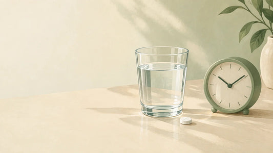 Un comprimé neutre et un verre d’eau évoquent le choix d’un horaire pour le magnésium.