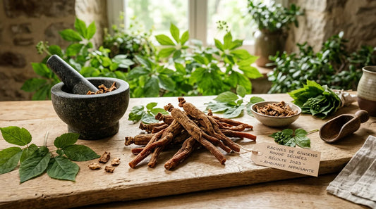 Racines de ginseng rouge séchées disposées sur une surface en bois clair