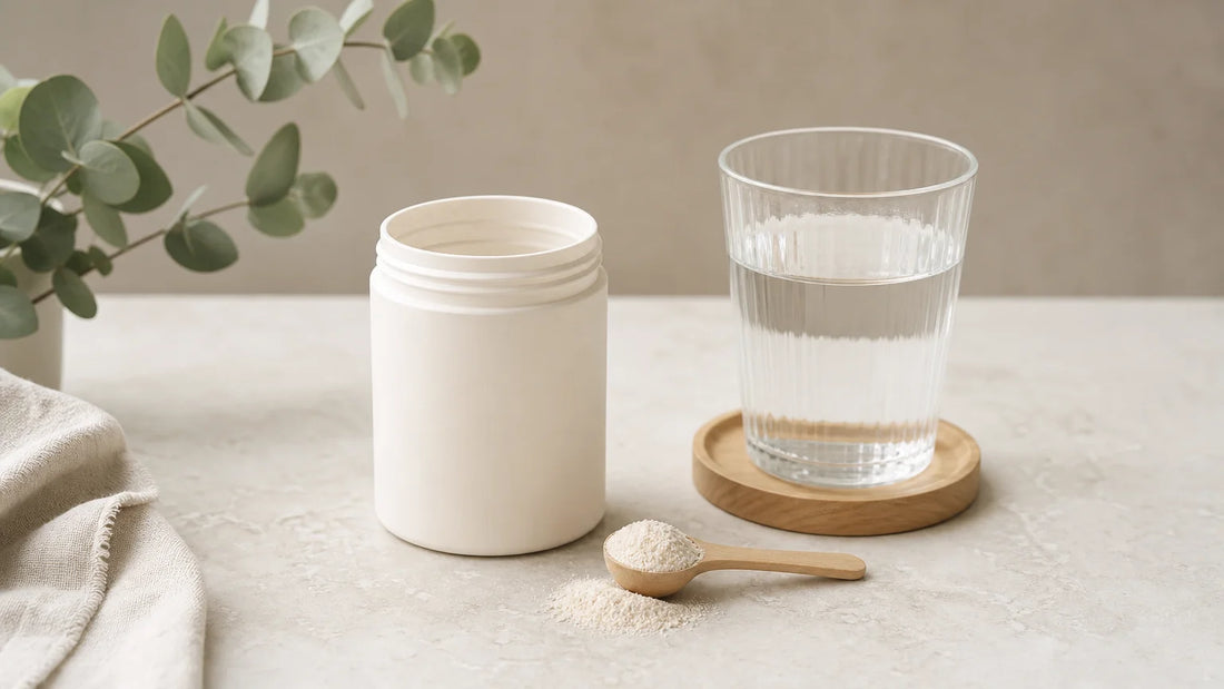 Poudre alimentaire et cuillère doseuse près d’un verre d’eau