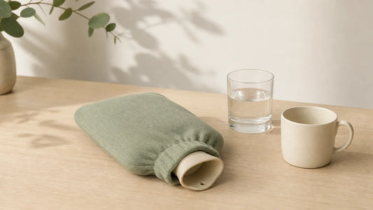 Bouillotte, verre d’eau et tasse pour évoquer les gestes de confort digestif