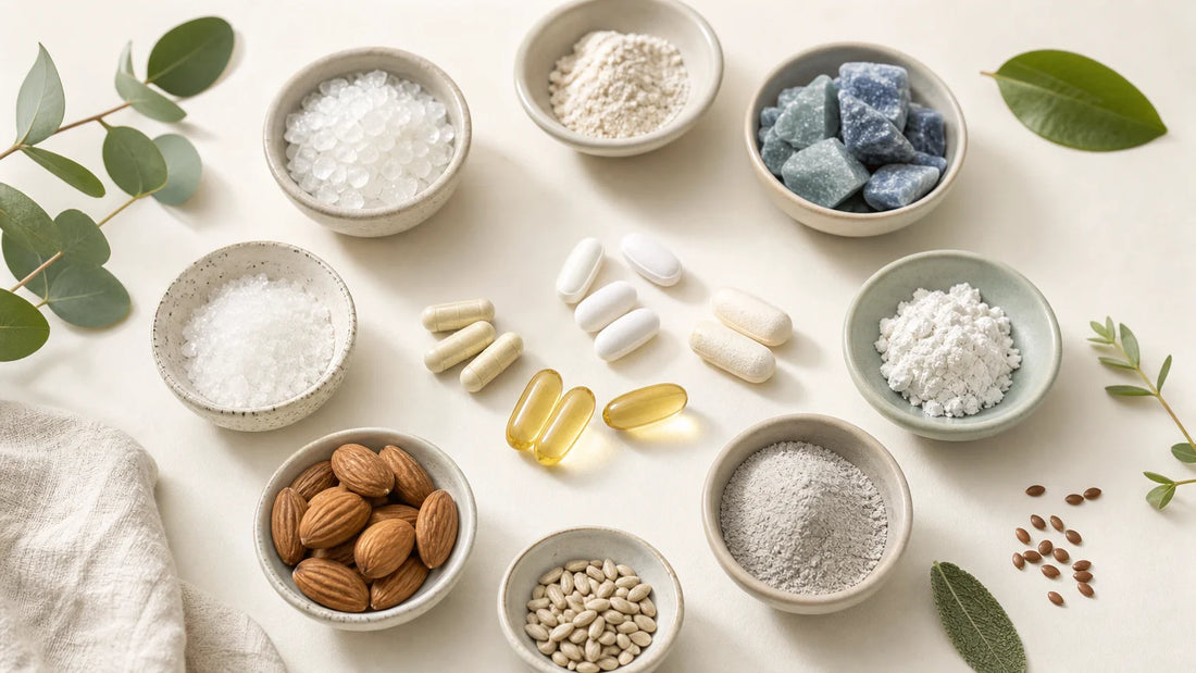 Composition éditoriale représentant différentes formes de magnésium et des sources alimentaires naturelles