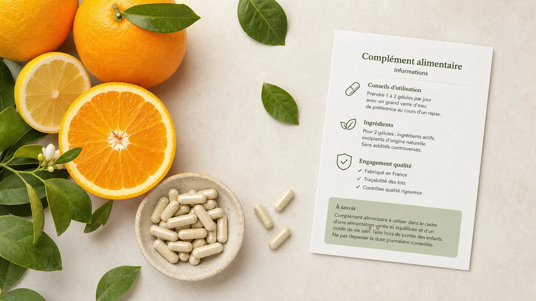 Éléments naturels et complément générique pour illustrer le choix d’une vitamine C de qualité