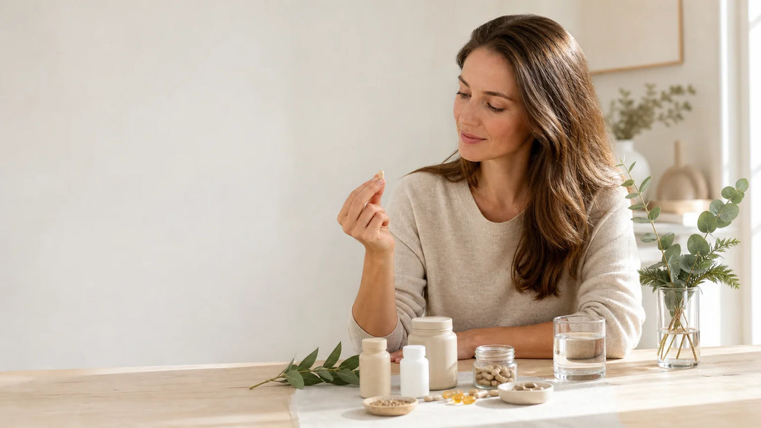 Compléments alimentaires bio pour cheveux présentés dans une scène naturelle et professionnelle