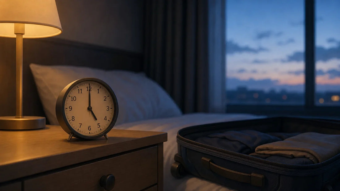 Horloge et valise dans une chambre au petit matin après un voyage