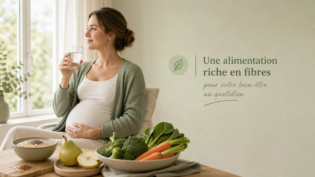 Femme enceinte avec un verre d’eau et des aliments riches en fibres