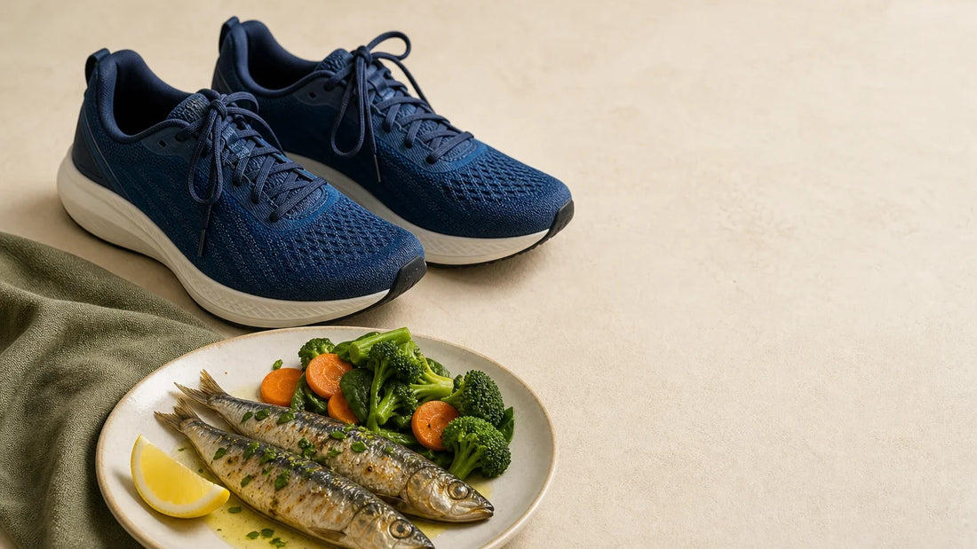 Chaussures de course et repas simple évoquant l’alimentation après le sport