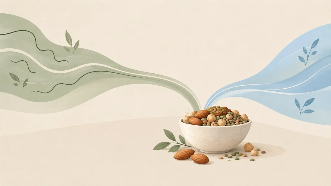 Illustration symbolique du lien entre stress, équilibre et apports alimentaires en magnésium.
