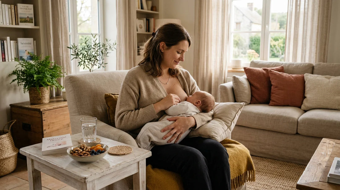 Jeune mère européenne allaitant son bébé dans un intérieur lumineux et apaisant