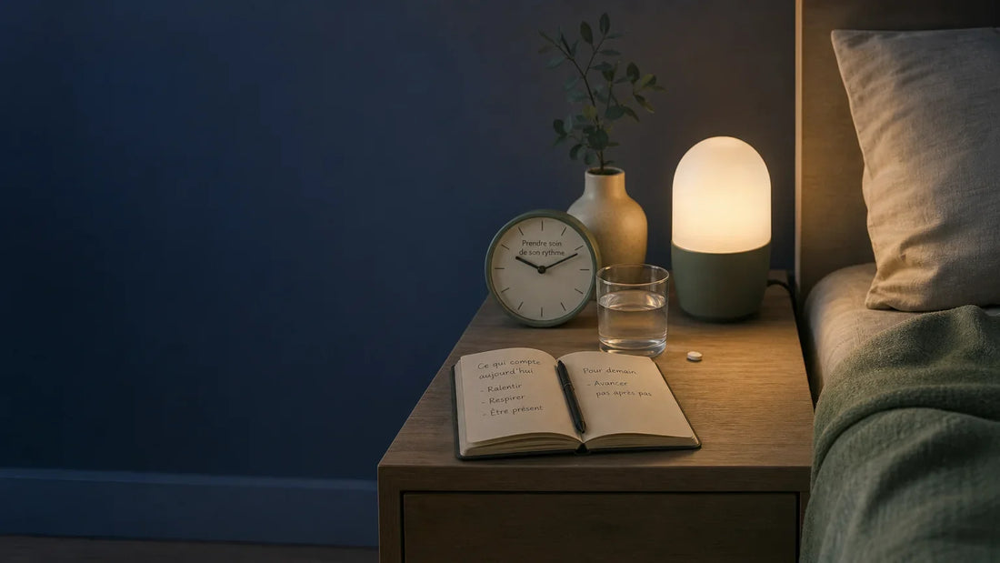 Table de chevet évoquant une routine de sommeil et les compléments