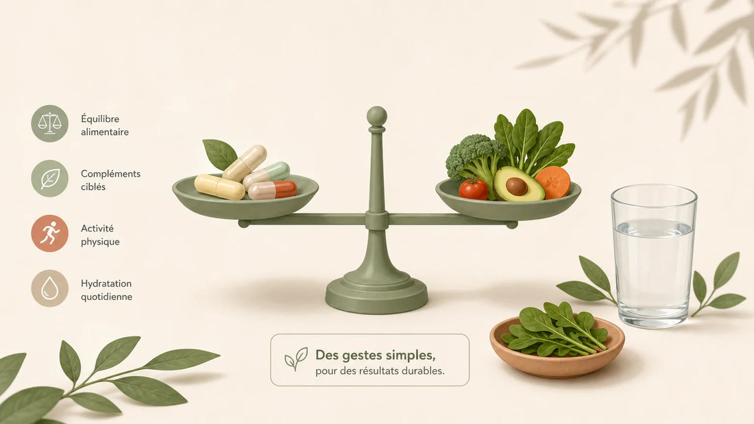 Balance équilibrée entourée de compléments alimentaires et d’aliments sains