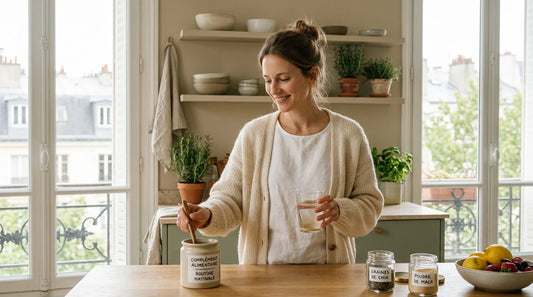 Femme préparant sa routine bien-être avec un complément alimentaire naturel