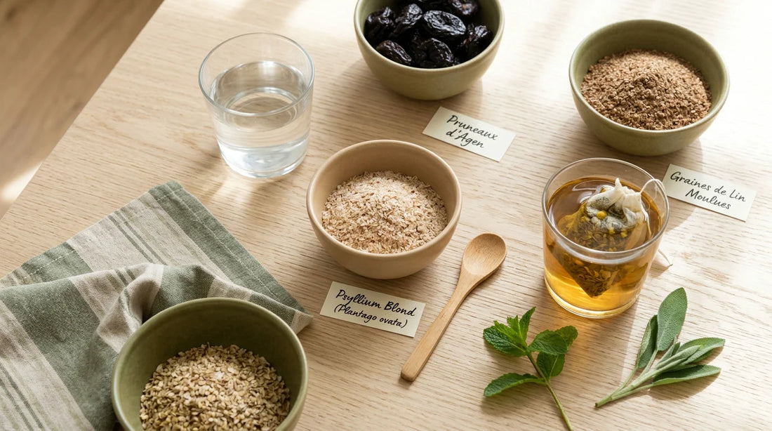 Remèdes naturels contre la constipation disposés sur une table en bois