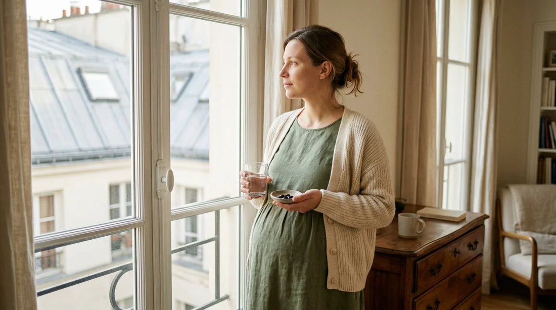 Femme enceinte européenne tenant un verre d'eau et des compléments alimentaires près d'une fenêtre