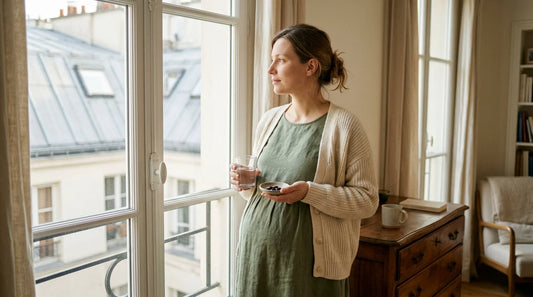 Femme enceinte européenne tenant un verre d'eau et des compléments alimentaires près d'une fenêtre