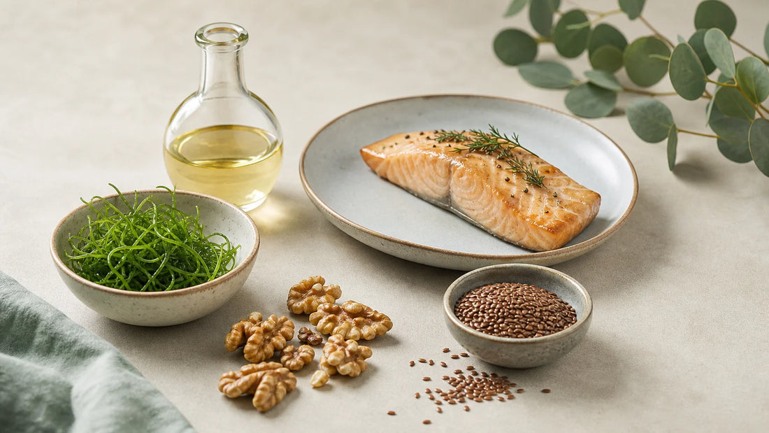 Sources alimentaires et végétales d’oméga-3 réunies dans une composition éditoriale