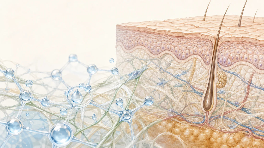 Illustration scientifique de l’acide hyaluronique dans la peau