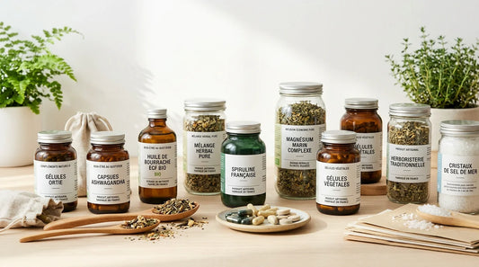 Compléments alimentaires naturels disposés sur une surface claire