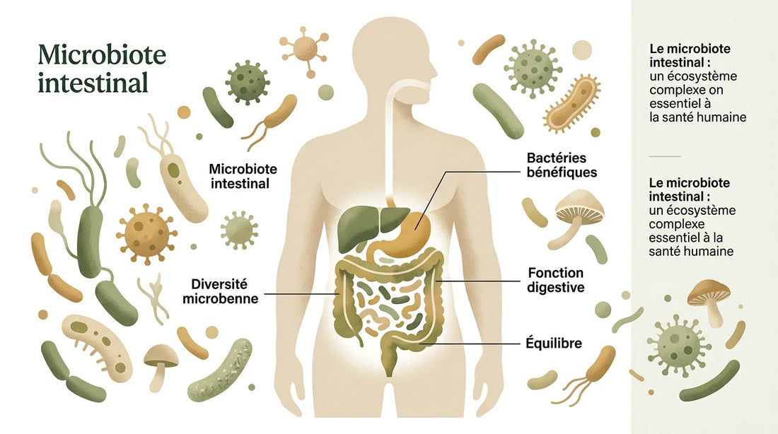 Représentation illustrée du microbiote intestinal dans le corps humain